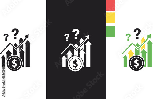 Financial growth uncertainty icon with arrows dollar symbol question mark business investment risk analysis vector illustration set