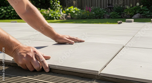 Hands carefully place a large outdoor tile onto mortar, aligning it precisely during patio installation