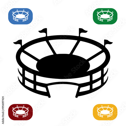 Sports stadium arena icon set with multi-colored circular venue symbols