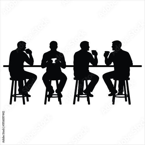 Four men sitting at a bar drinking coffee