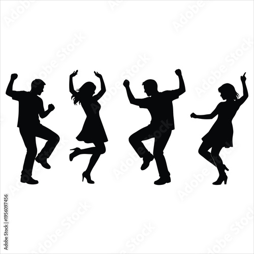 Four people dancing in a lively and carefree scene