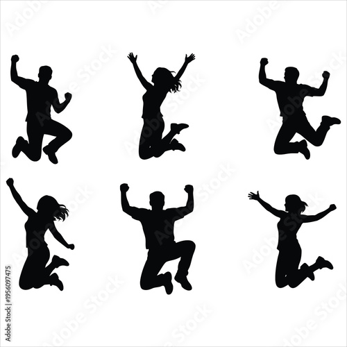 A set of six people jumping in the air with their arms raised