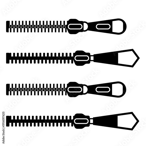 Black zipper pullers and sliders set with tracks for fashion and technical garment design