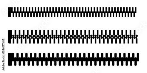 Black zipper teeth tracks set with different styles for fashion and industrial design