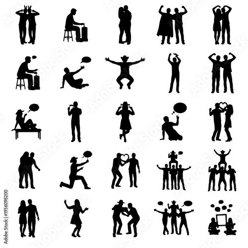 Set of 32 people silhouettes showing different human emotions and social interactions. Collection includes standing, talking, celebrating, arguing, hugging, cheering and expressive reaction poses. 
