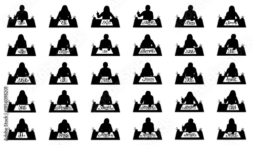 Black and white vector illustration set of people practicing calligraphy and hand lettering. Silhouettes show artists writing with brush pens, drawing decorative letters, sitting at desks with paper