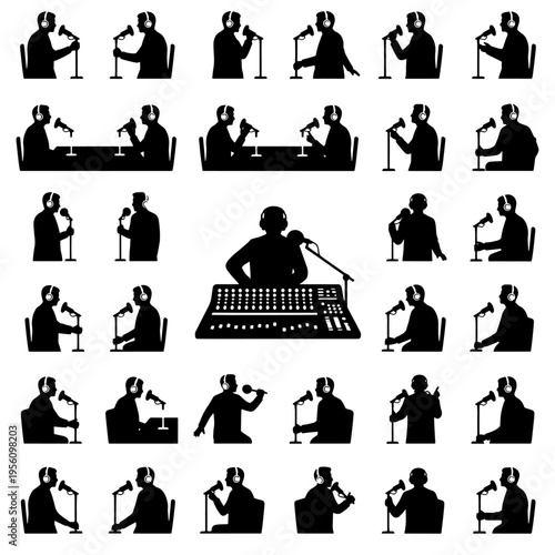 Black and white vector illustration set of podcast hosts and radio presenters speaking into microphones, recording interviews and working at a sound mixing desk. 