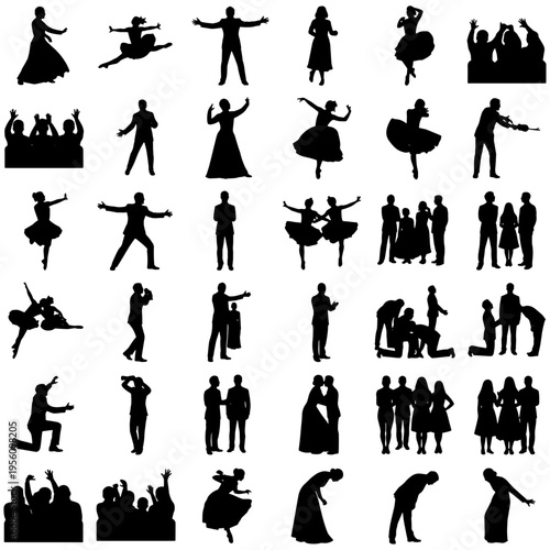 Black and white vector illustration set of dancers and performers in dynamic poses including ballet movements, jumps, stage performances and cheering audience silhouettes.