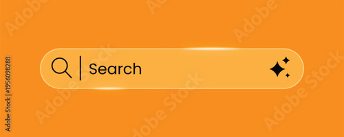 Orange search bar with magnifying glass icon and sparkling stars symbol, simple clean design for web interface and ui elements on solid background