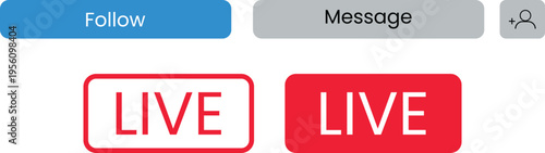 Live stream indicators, showcasing outlined and filled 'LIVE' buttons in red for broadcast status on digital platforms