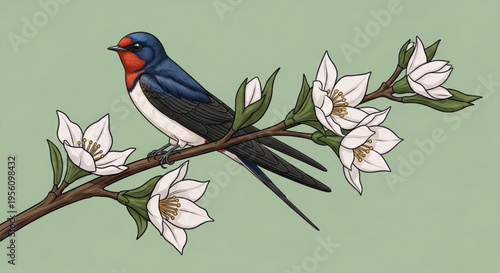 Colorful bird perched on a blooming branch with white flowers against a soft green background
