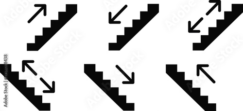 Staircase icon set with arrows indicating direction of movement up down left and right for different architectural designs and user interface navigation symbols.
