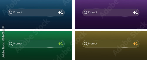 Glass search bar set with different background colors and sparkle icons. Frosted glassmorphism prompt boxes for modern user interface. Vector search field design