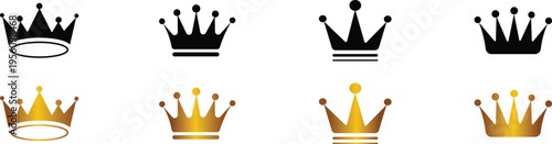 Crown icons set in black and gold colors different styles representing royalty power and leadership suitable for emblems badges or game elements.