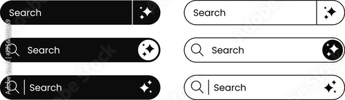 Search bar and input field designs with different styles including outline and filled options and magnifying glass icon for web and app UI.