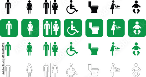 Public restroom and facility sign set including male female disabled toilet baby changing and infant icons in solid black green background and outline variations