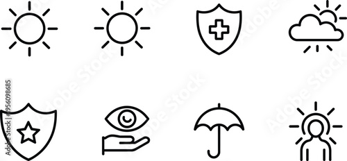 Weather protection and security line icon set, sun cloud shield umbrella safety symbols collection vector illustration