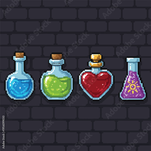 Set of 4 pixel art magic potion bottles vector illustration with blue, green, red heart, and purple liquid for game design