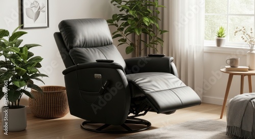 Modern recliner chairs in a cozy living room with indoor plants and wooden decor