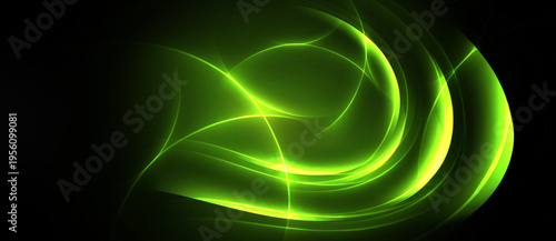 Bright green energy flows, curves radiate from dark background. Abstract design evokes motion, light intensity.