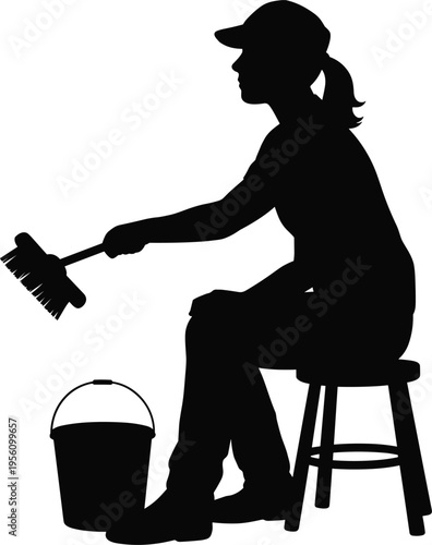 Woman cleaner sitting on stool holding brush and bucket silhouette, housekeeping or janitor cleaning concept isolated – vector illustration