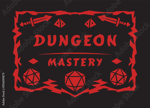 Dungeon mastery fantasy title card with swords and dice