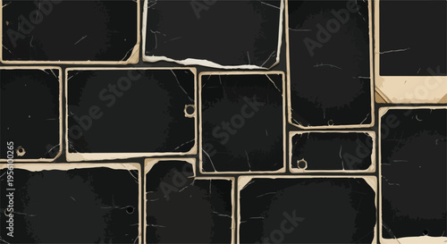 Vintage black photo frames vector background with old paper texture, distressed edges, and grunge details for retro design