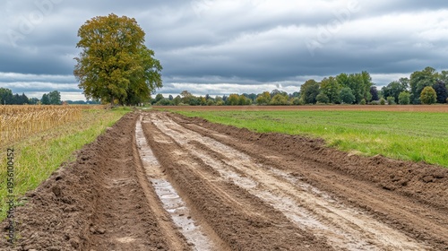 Muddy rural track with tire marks leading through a damaged, overcast landscape with autumn trees