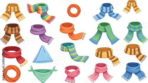 Colorful scarves collection with various styles winter fashion accessories warm clothing vector illustration set isolated