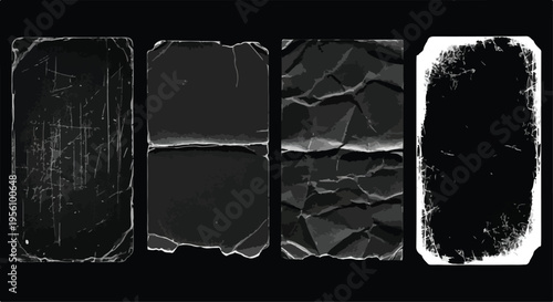 Set of 4 distressed black paper textures vector with grunge, folded, crumpled, and scratched effects for graphic design