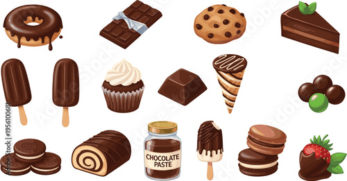 Chocolate sweets collection with donuts cookies cakes ice cream and candy delicious dessert vector illustration set