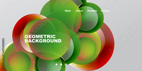 Abstract design features overlapping colorful shapes. Text labels present work, about, portfolio, contact options. Gradient colors dominate composition.