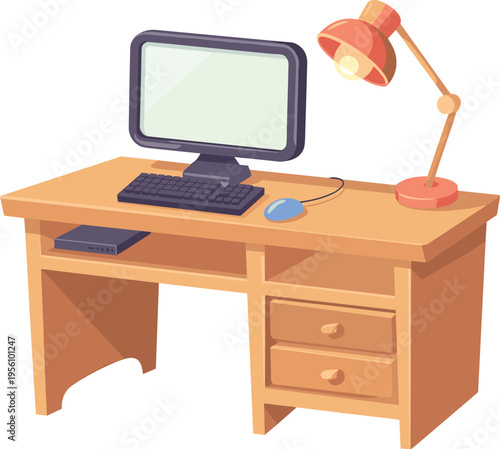 Home office workspace with computer desk lamp keyboard and drawers modern interior furniture vector illustration