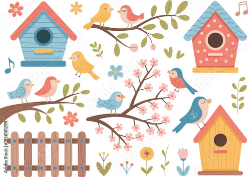 Cute birds and birdhouses collection with flowers branches and spring elements cartoon vector illustration set