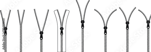 Zipper icons set with open and closed clothing fasteners, sewing garment accessory elements, flat vector illustration