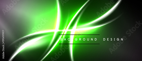 Abstract neon lines create dynamic green, purple glow. Dark background emphasizes bright curves, modern design elements.