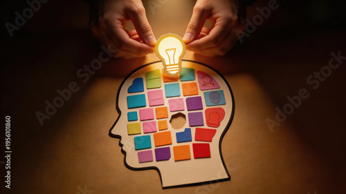 Creative colorful paper brain idea lightbulb hand thinking innovation concept inspiration and imagination are represented this vibrant image of hands holding glowing lightbulb above paper brain