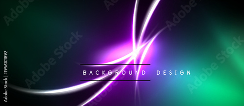 Abstract background features flowing purple lines over teal, green gradients. Dark edges frame vibrant central design. Modern, dynamic composition.