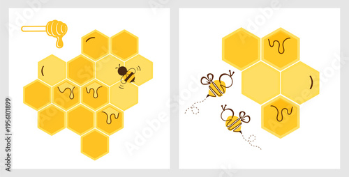Cute honeycomb and bee illustration set with dripping honey for packaging, label, sticker, banner and organic product branding design.