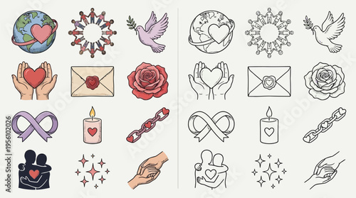 Collection of colorful and outline icons symbolizing love, peace, unity, and relationships, including hearts, doves, and people.