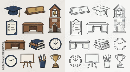 Collection of school and education-related items in both colored and outline vector illustrations, including a graduation cap, bell tower, desks, books, and a trophy.