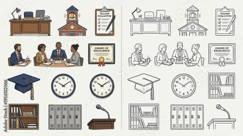 Collection of detailed icons representing education, administration, and professional settings, including school buildings, meeting rooms, diplomas, and study items.