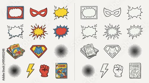 A collection of colorful and black and white comic book and superhero themed icons and graphic elements.