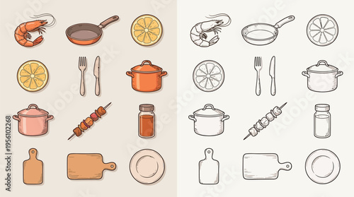 Various kitchen and cooking items, such as shrimp, pans, lemons, cutlery, pots, skewers, spice jars, cutting boards, and plates, shown in both colored and outline illustrations.