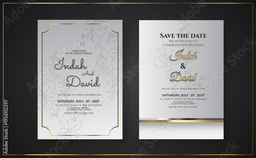 Romantic wedding invitation template with golden ornament.