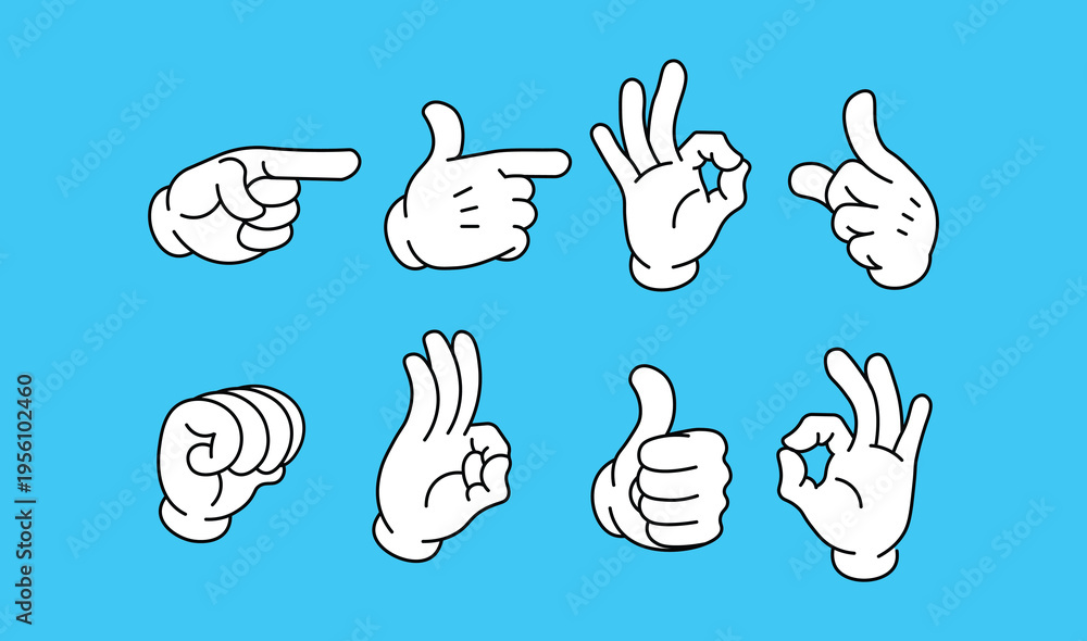 Fototapeta premium Cartoon White Glove Hand Gestures Set Featuring OK Sign, Thumbs Up, Pointing, and Fist Icons Isolated on Bright Blue Background