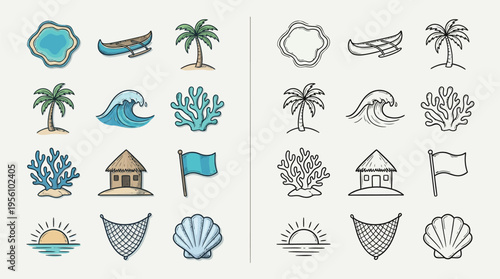 Collection of colorful and outline icons representing tropical island elements and activities, including nature, shelter, and recreation.