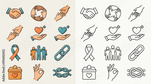 Collection of icons representing concepts of unity, support, and community, presented in both colored and line art styles.