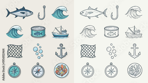 A collection of nautical and fishing-themed icons, presented in both color and monochrome versions, featuring elements like fish, waves, anchors, and boats.