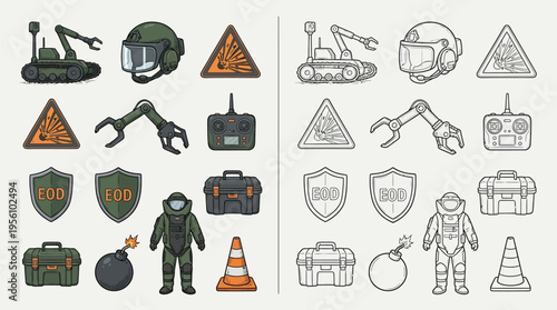 Collection of EOD (Explosive Ordnance Disposal) equipment and symbols, presented in both color and outline versions.